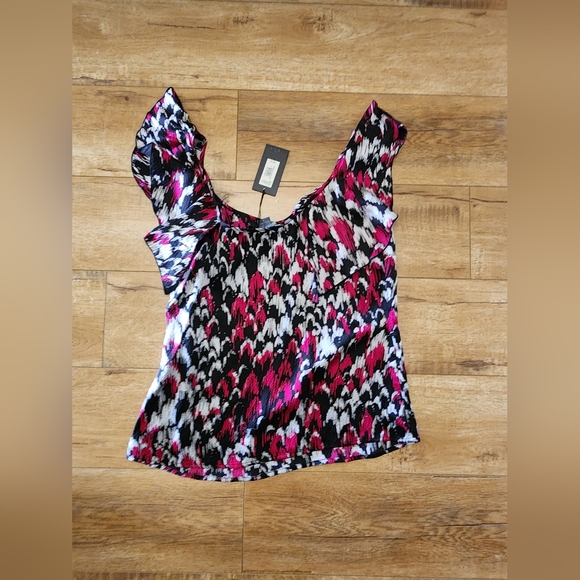 NWT Armani Exchange 100% Silk Sleeveless Top Side Zip M Abstract Black Pink - Picture 7 of 8